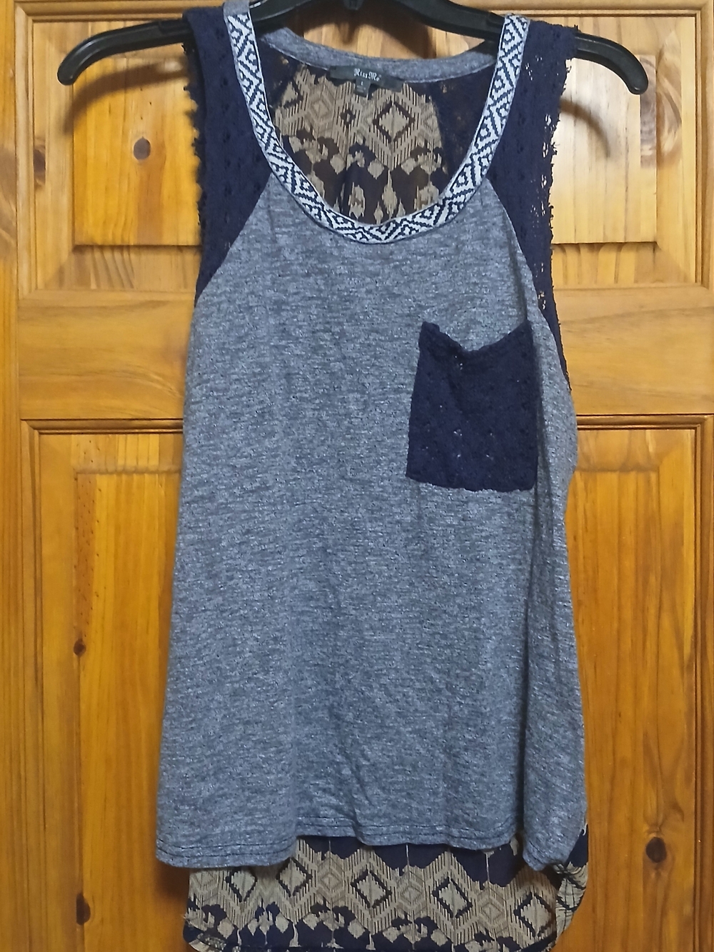 Miss Me Gray Tank with Navy Lace Trim and Pocket